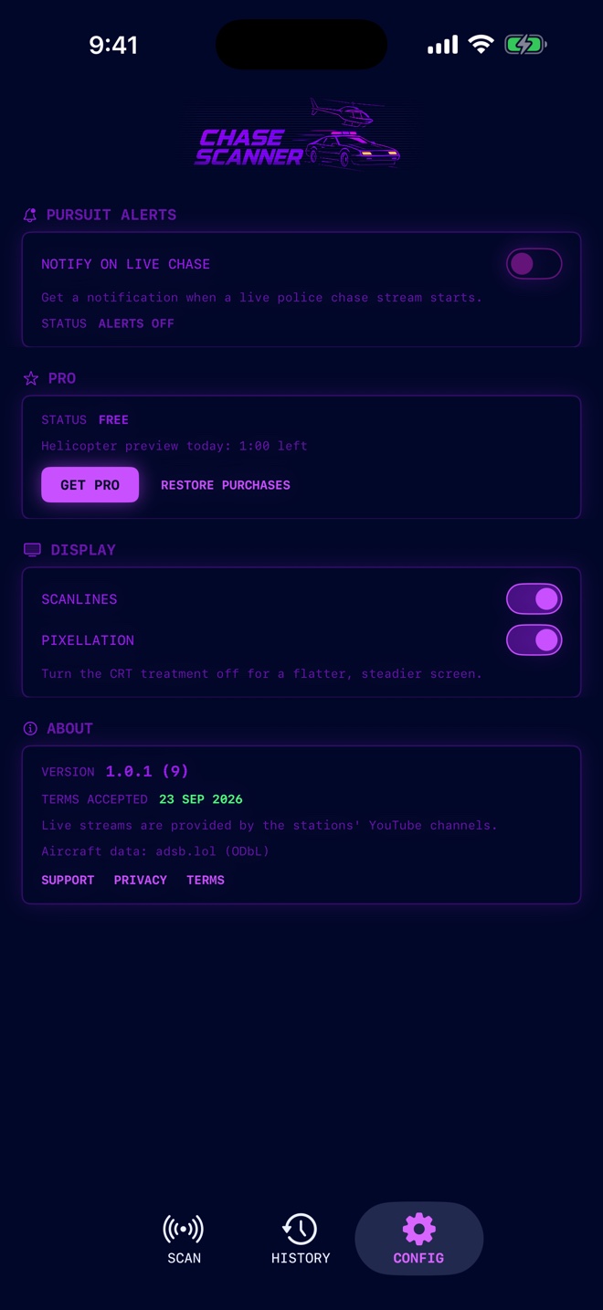 the CONFIG tab: the NOTIFY ON LIVE CHASE toggle with STATUS ALERTS ACTIVE, and the ChaseScanner Pro card