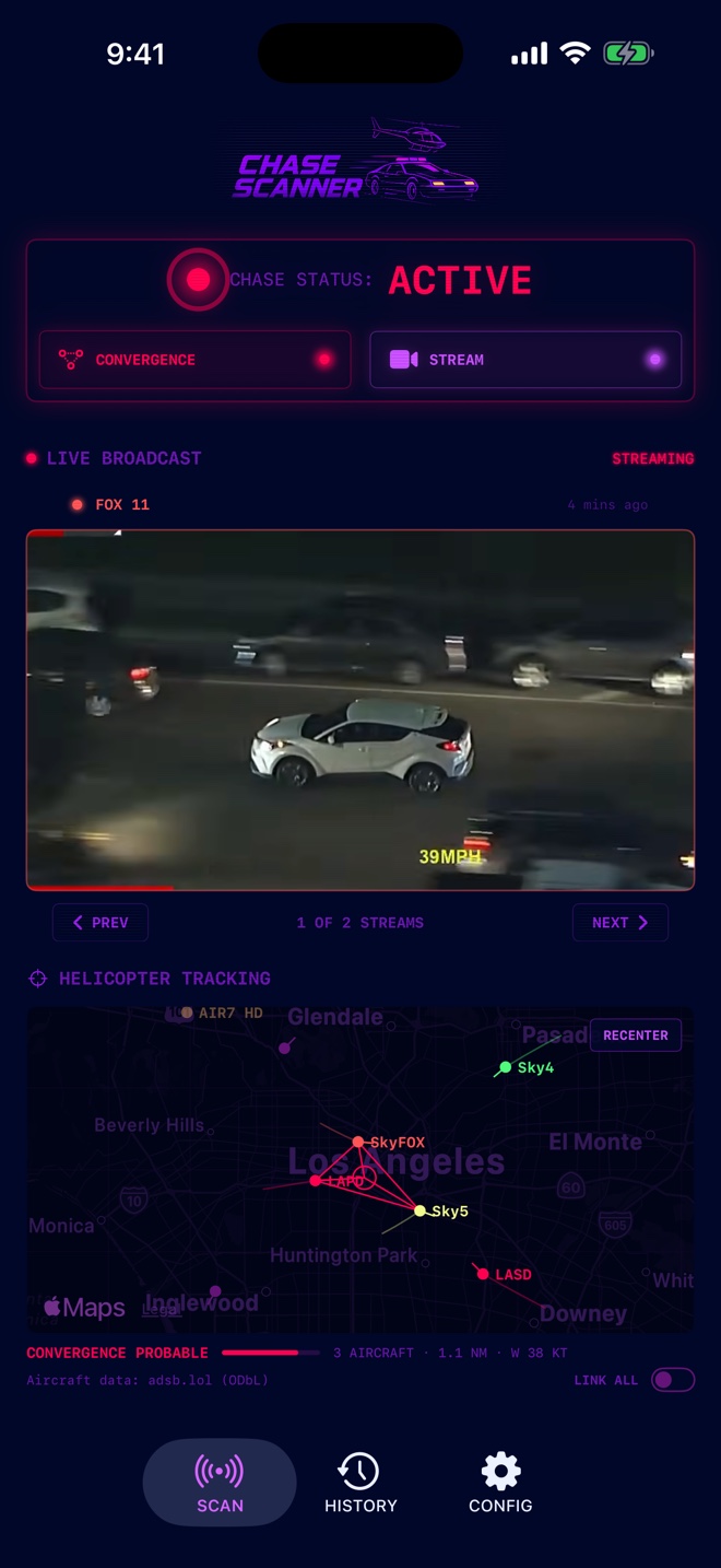 SCAN during a chase, with the FOX 11 stream playing in the app and 1 OF 2 STREAMS under it