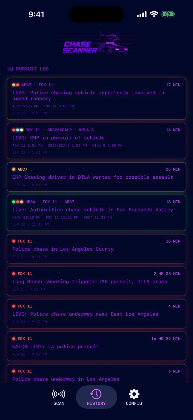 the PURSUIT LOG: a list of past chases, each with the stations that covered it, the stream title, when each station went live, and how long it ran