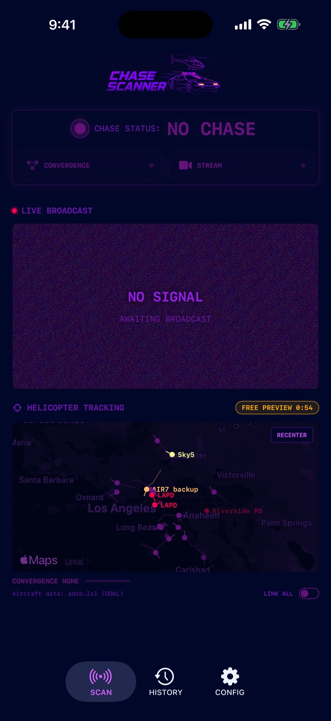 SCAN in its quiet state: CHASE STATUS NO CHASE, the player reading NO SIGNAL, and the helicopter map with a free preview countdown