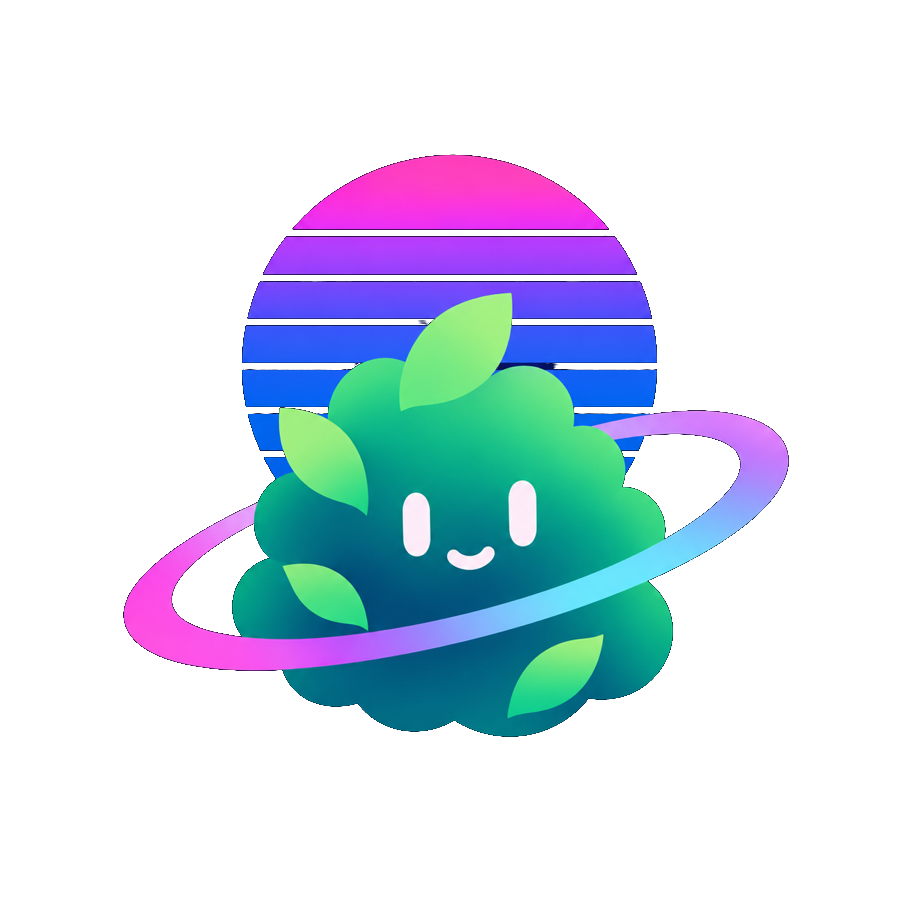 the Shrub Software mascot: a small green shrub with a face, in front of a striped retro sun, with a pink and blue ring around it